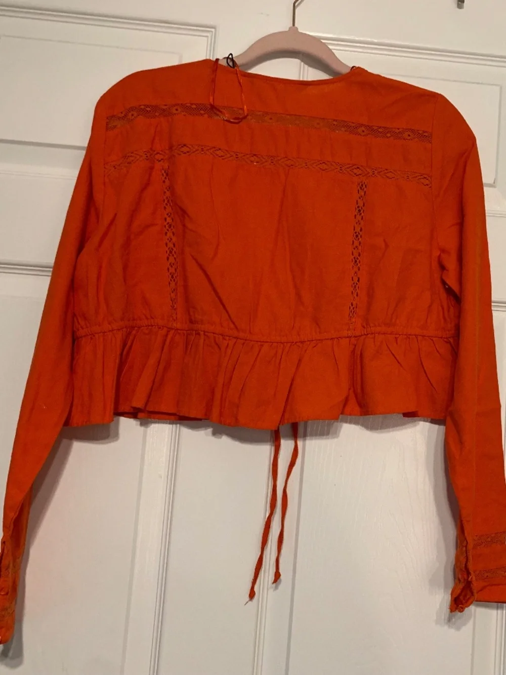 Zara Womens Cropped Top Shirt Lace Ruffle Large Red Linen Long Sleeve